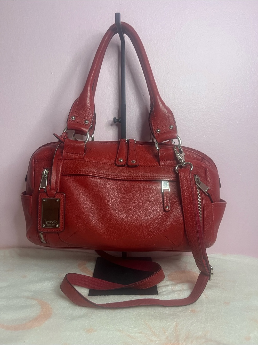 Tignanello Cherry Red Leather Bag with Silver Accents